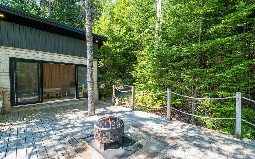 Wooden deck with an outdoor fire pit